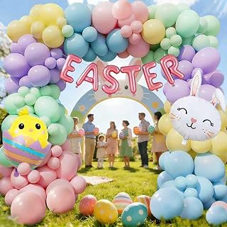 Easter Balloon Garland Arch Kit 134pcs Pastel Rainbow balloons with Foil Eater Egg & Bunny Balloons for Happy Spring Easter Birthday Baby Shower Wedding Gender Reveal Decor