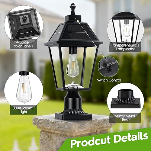 Miniatura 5 de Luz solar para poste al aire libre de 3000 K del anochecer al amanecer, luces de poste con base de montaje en muelle, luz de poste impermeable para