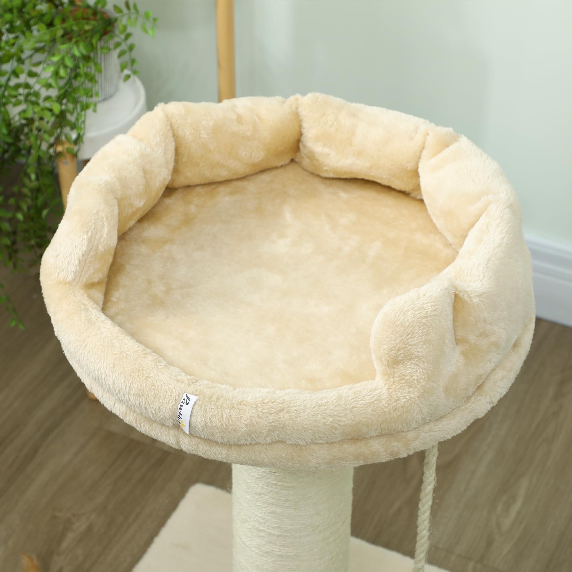 PawHut Árbol Rascador para Gatos Mini de 2 Niveles 55x55x83 cm Beige | Mini Árbol para Gatos, Plataforma, Bola con Muelle, Cuerda Colgante, Poste de Sisal
