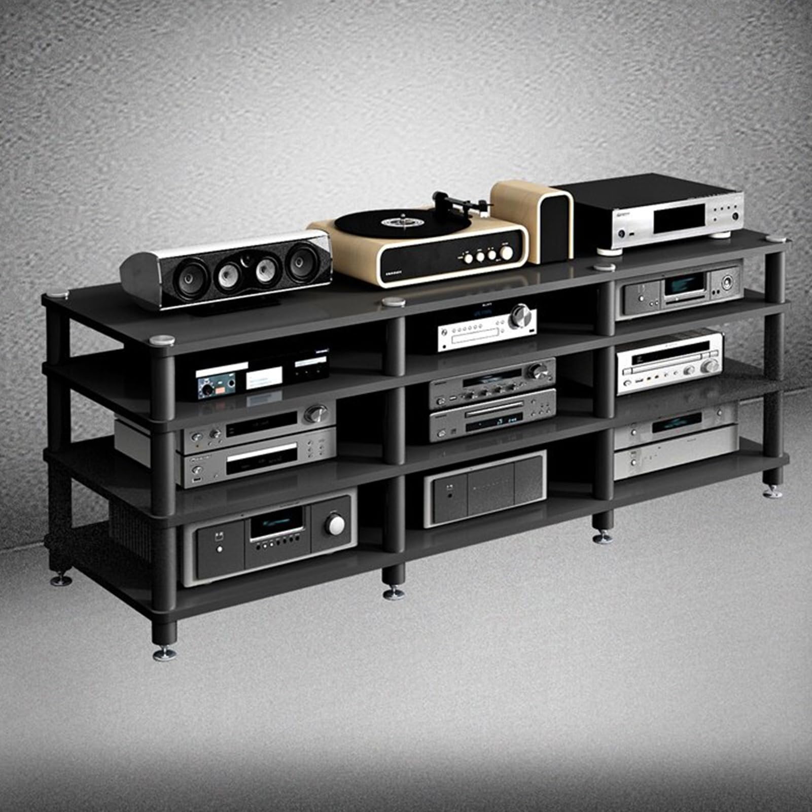 Stojak na Multimedia AV, Wytrzymały Stojak Audio 70,8" L z Nóżkami Tłumiącymi Wibracje, Stojak Stereo z Otwartą Półką na Wzmacniacz, Amplituner, Gramofon(4 tier 75cm/29.5in)