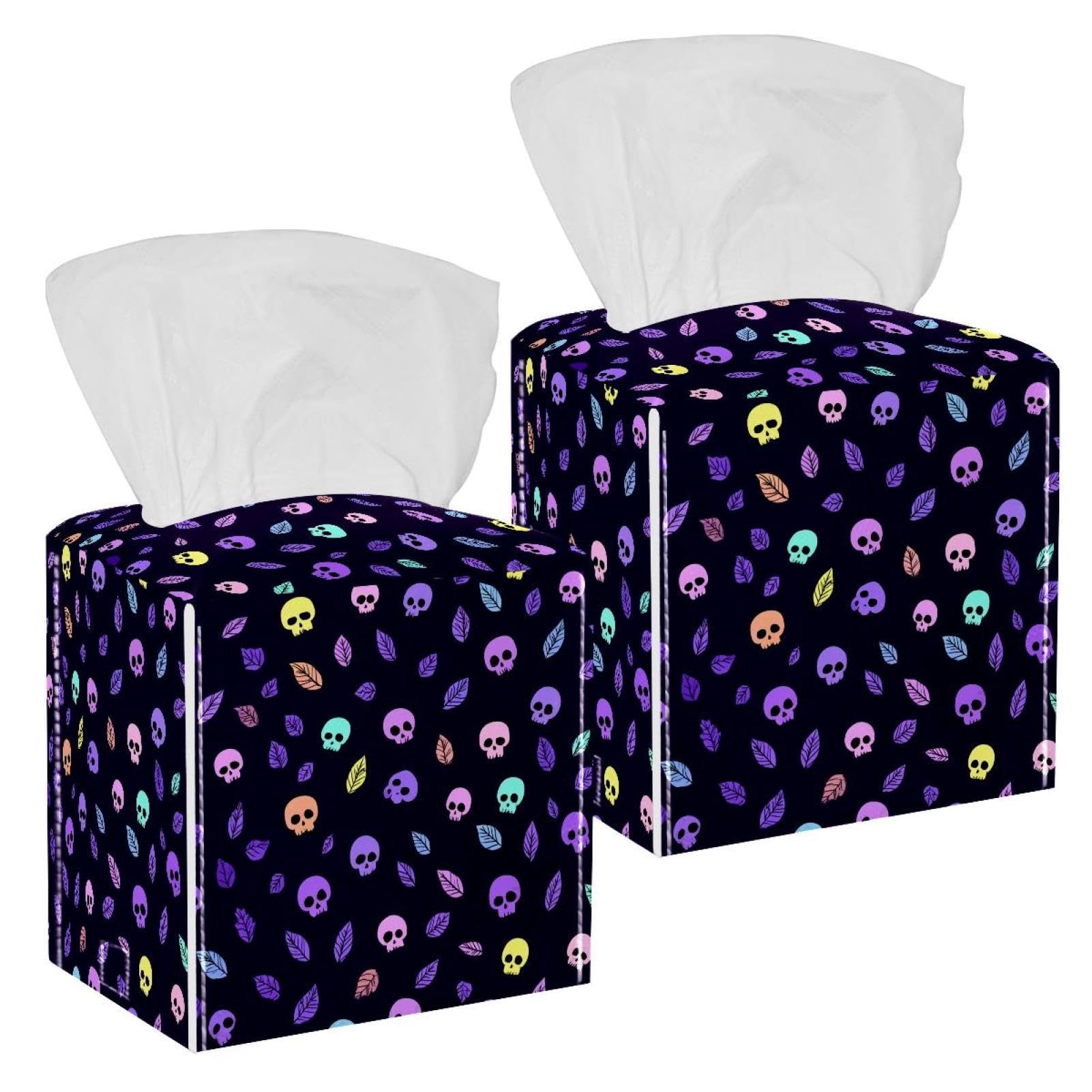 Skull Tissue Box Cover, 2 Pack PU Leather Square Facial Tissue Dispenser Box holder for Home Office Car