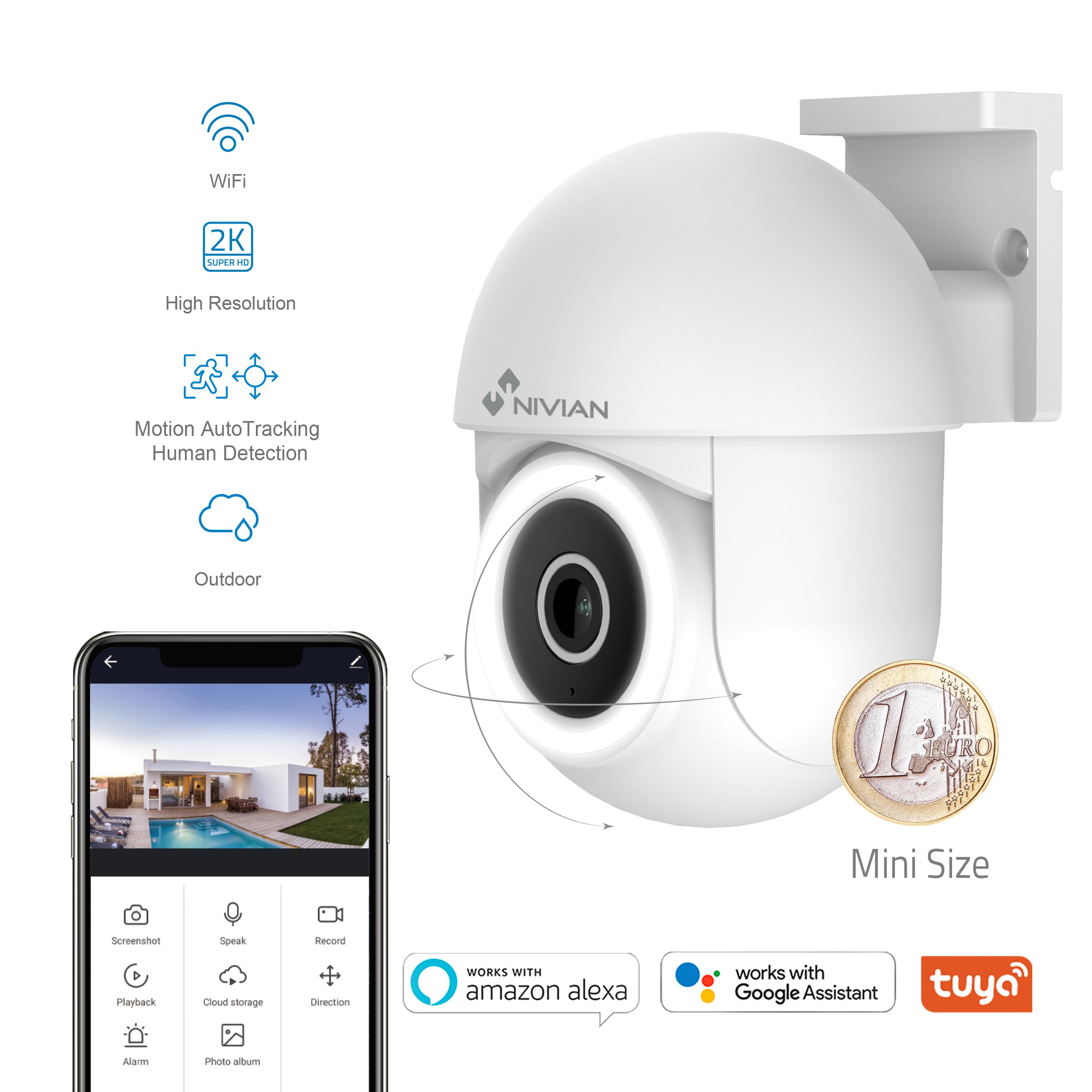 NIVIAN Cámara WiFi PTZ 2K 3MP con Giro 360° y Visión Nocturna IR | Seguimiento Automático, Audio Bidireccional, IP65 | Seguridad Inteligente para Casa y Negocio | App Tuya + Alexa/Google