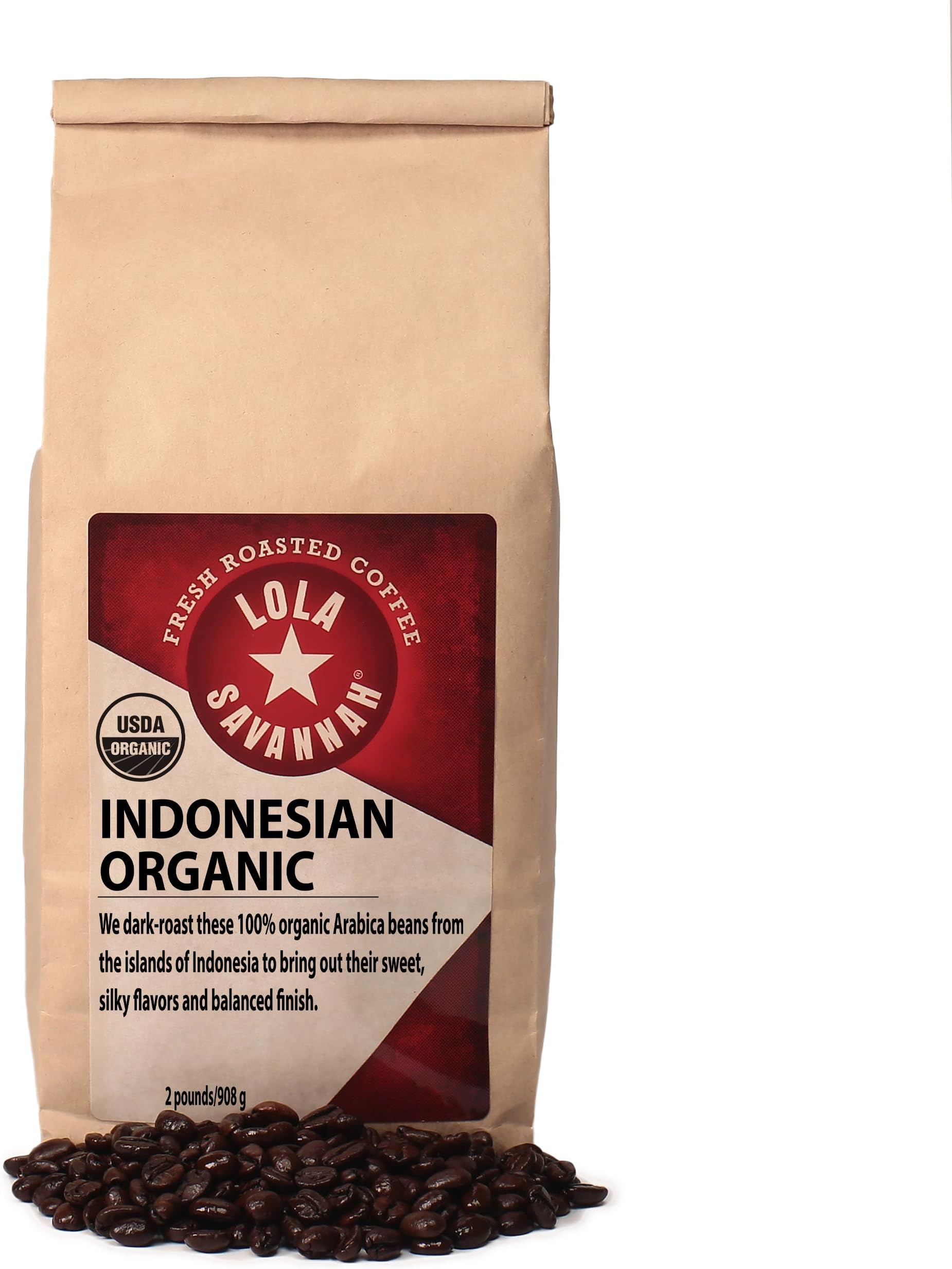 Lola Savannah Indonesian Organic Coffee, Dark and Rich flavor of Indonesian Organic Coffee beans, Whole Bean, Caffeinated, Certified Organic