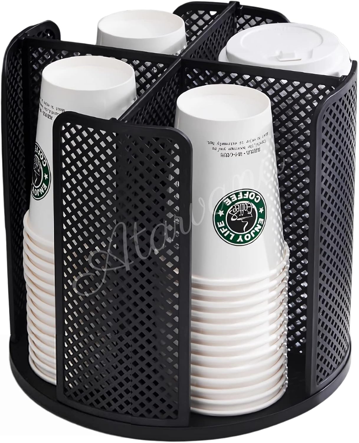 Rotatable Coffee Cup Dispenser with 4 Compartments, Atavarna Cups and Lids Holder for 5-16oz Cups Organizer for Restaurant, Coffee Station, Bar, Office, Home-9.25" x 9.25" x 8.66"