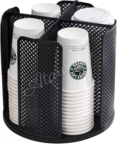 Atavarna - Dispensador de tazas de café giratorio con 4 compartimentos, soporte para tazas y tapas para organizador de tazas de 5 a 16 onzas para