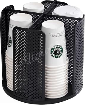 Rotatable Coffee Cup Dispenser with 4 Compartments, Atavarna Cups and Lids Holder for 5-16oz Cups Organizer for Restaurant, Coffee Station, Bar, Office, Home-9.25" x 9.25" x 8.66"