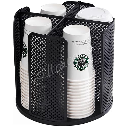 Rotatable Coffee Cup Dispenser with 4 Compartments, Atavarna Cups and Lids Holder for 5-16oz Cups Organizer for Restaurant, Coffee Station, Bar, Office, Home-9.25" x 9.25" x 8.66" - Black