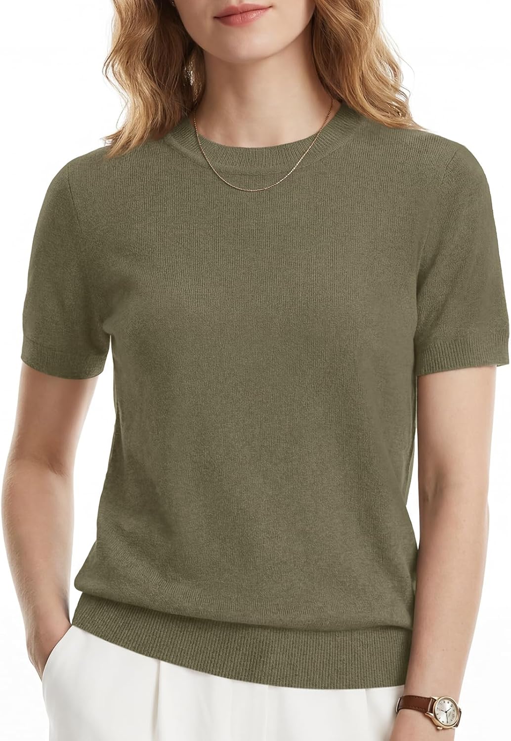 OROLANA Women's Short Sleeve Sweater Top, Lightweight Wool Blend Knit Crewneck Pullover for Work, Business Casual & Travel