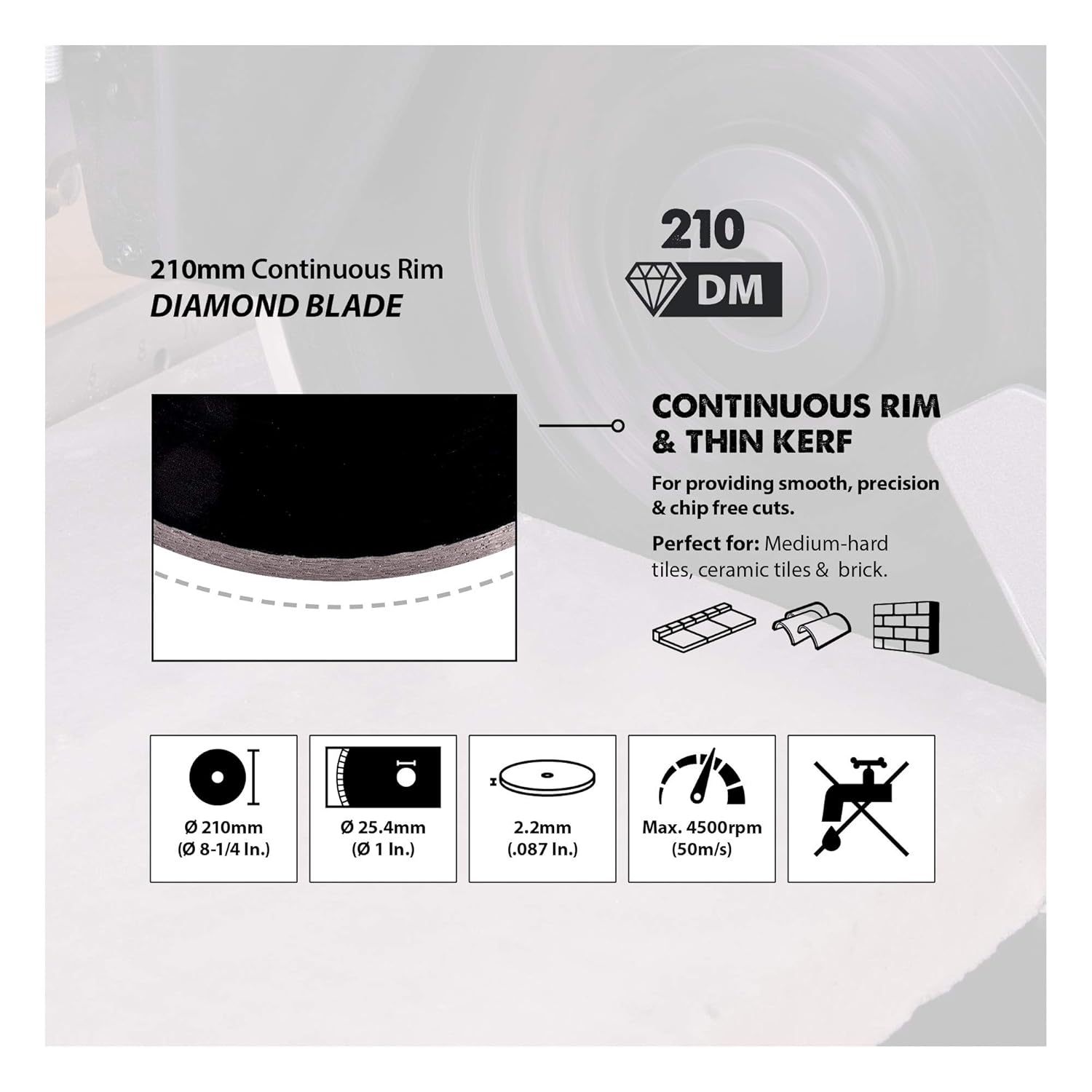 Evolution Power Tools D210CON Diamond Blade Continuous Rim for Mitre Saws, for Cutting Reinforced Concrete, Stone, Brick, Tile, Porcelain & More, 25.4mm Bore, 210mm, Black