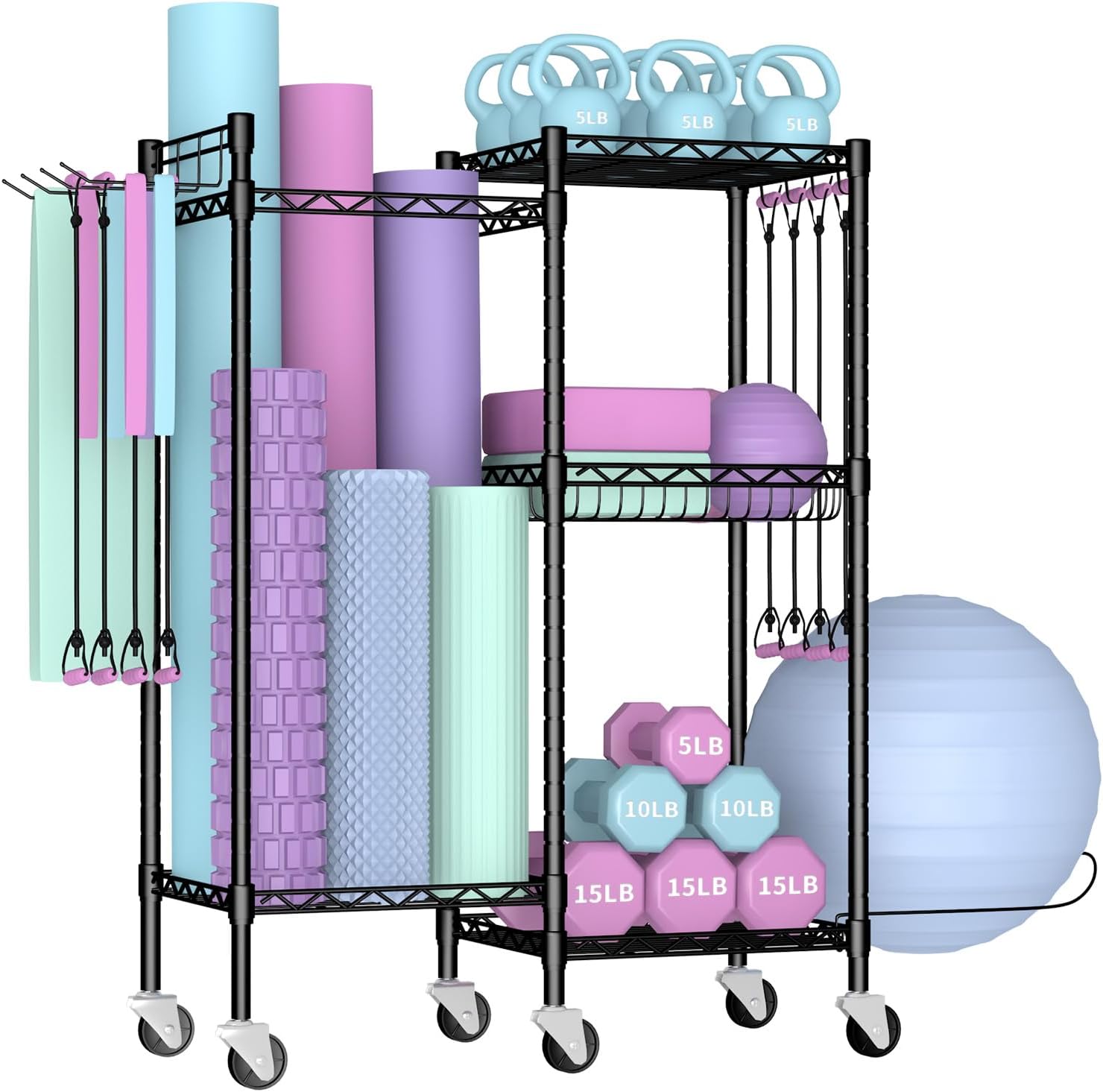 Dumbbell Rack, 3 Tier Adjustable Workout Equipment Storage with Locking Wheels & 4 Hooks, Home Gym Storage for Yoga Mat, Foam Roller, Dumbbell, Kettlebell, Fitness Ball and Resistance Band