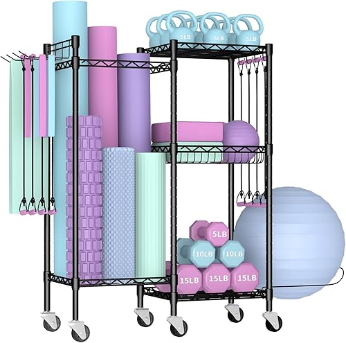 Estante para mancuernas, almacenamiento de gimnasio en casa con ruedas de bloqueo y 4 ganchos, equipo de entrenamiento ajustable de 3 niveles para