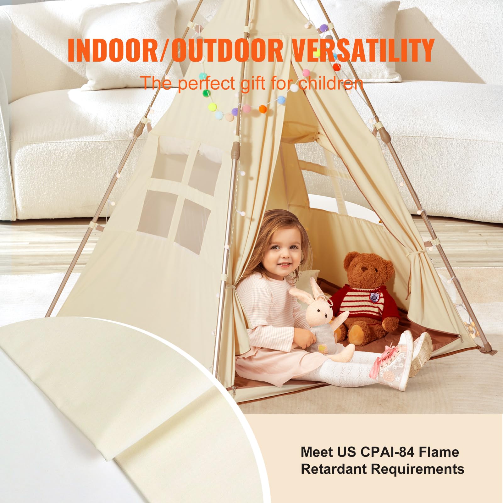 VEVOR Spielzelt für Kinder, Tipi-Zelt für Kinder von 1 bis 5 Jahren, faltbares Kinderzelt mit Matte und Tragetasche, mit Fenstern für drinnen und draußen, für Jungen und Mädchen, Beige