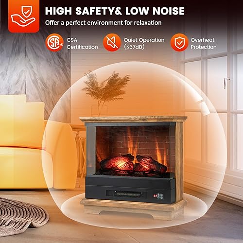 Miniatura 8 de SIMOE Calentador eléctrico de 27 pulgadas con chimenea, chimenea termostática independiente de 1400 W con llama 3D de 3 niveles y control remoto de