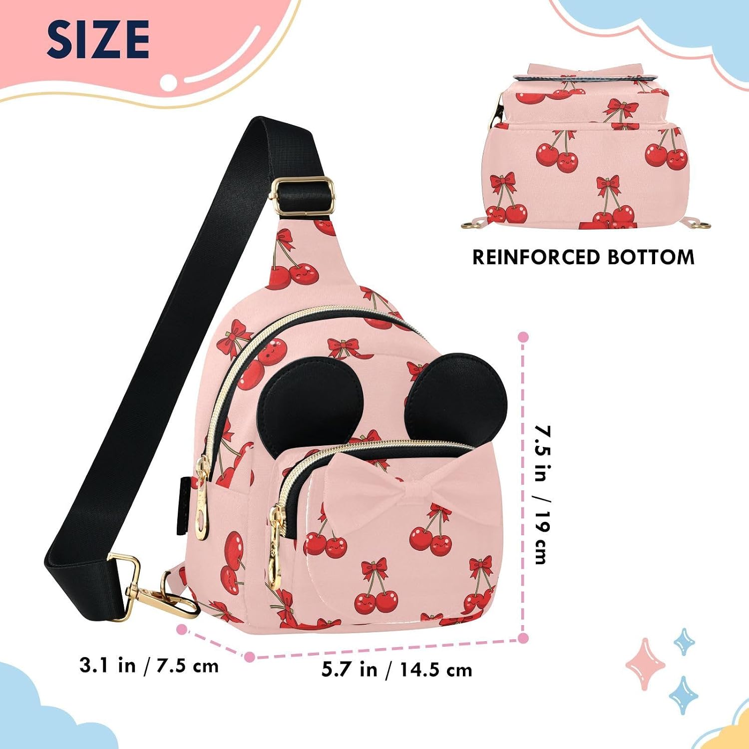 Cherries Kids Crossbody Bags for Girls, 3.1x7.5x5.7 In | Crossbody Fanny Pack, Toddler Purse, Cute Sling Belt Bag with Ears, 2L Small Shoulder Chest Bag for Travel