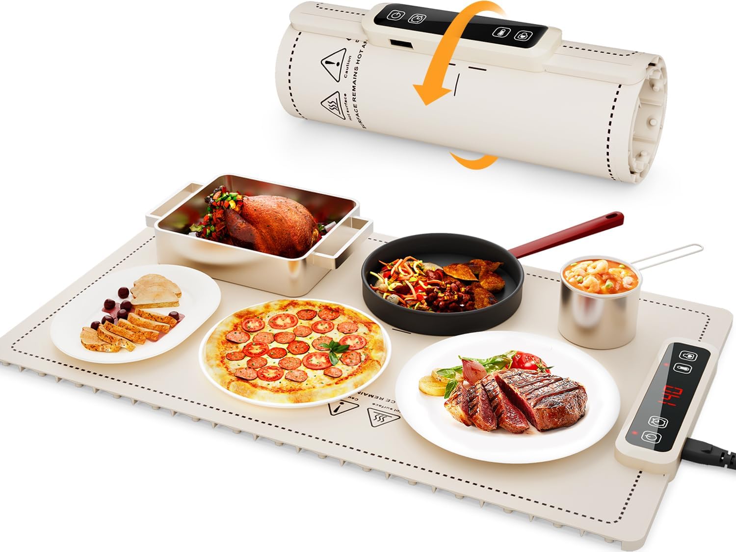 Portable Food Warming Mat for Food: Electric Real-Time Temp Display Food Warmers for Parties, Buffets, Gatherings, 5 Temp Levels, Timer, Auto Shut-Off Champagne Beige