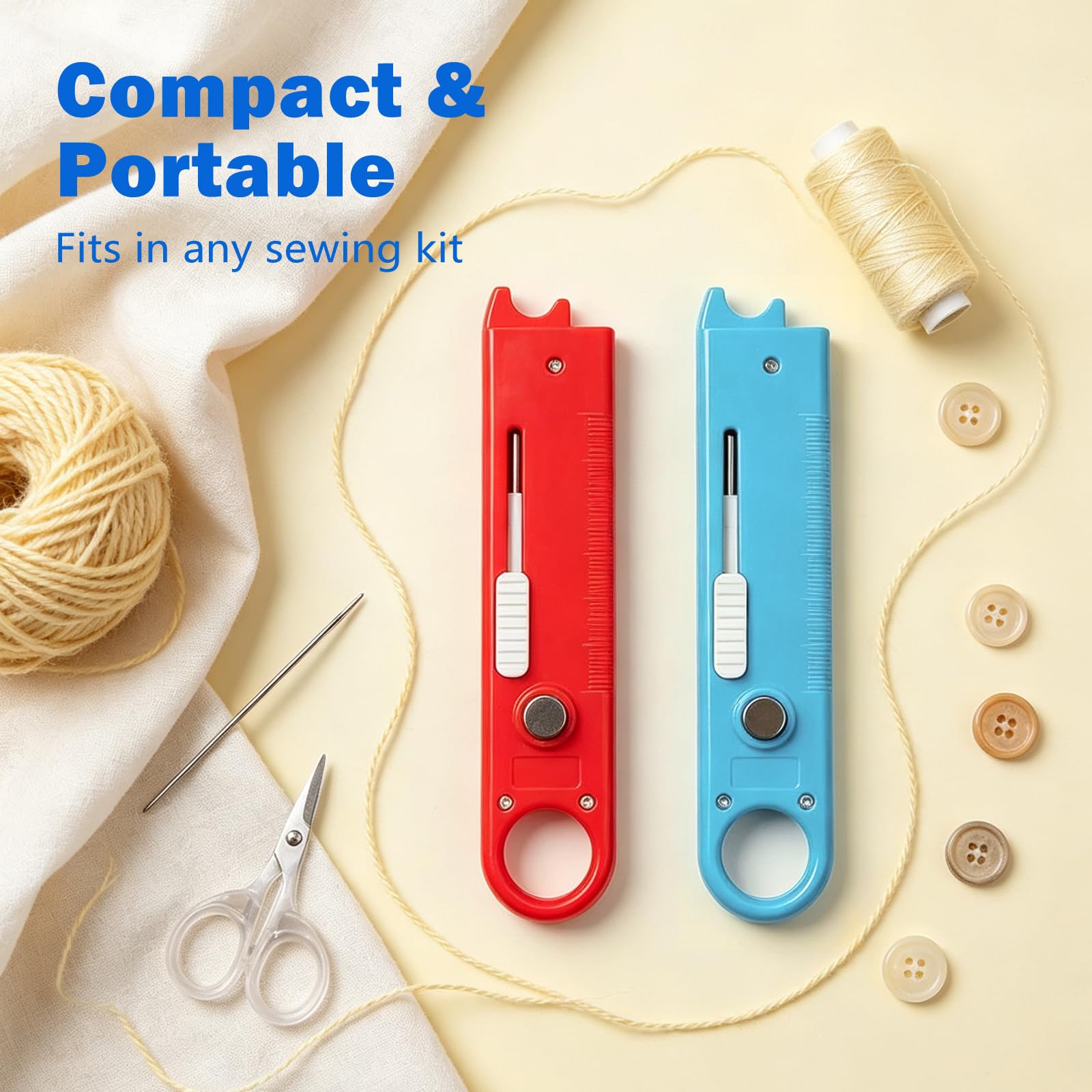 Infila aghi automatico rapido per macchina da cucire, attrezzo multiuso 4 in 1 con righello e lente d'ingrandimento integrati, guida magnetica per cuciture, strumenti da cucito (rosso + blu)
