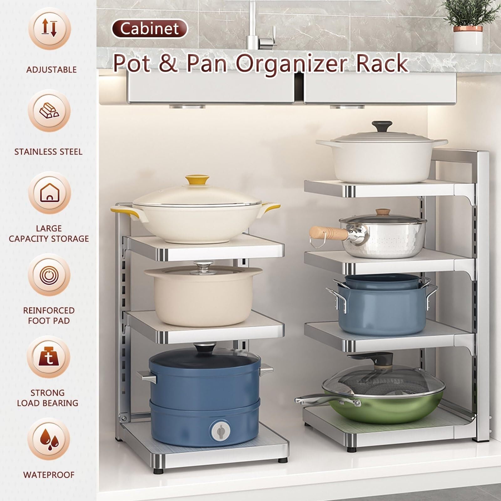 Unterschrank Organizer Edelstahl, Vorratsschrank Organizer Mehrstufig | Küchen Organizer Schrank Höhenverstellbar, Topf Organizer Hoch Belastbar, Schrankregal Abnehmbare Ebenen(4-Tier)
