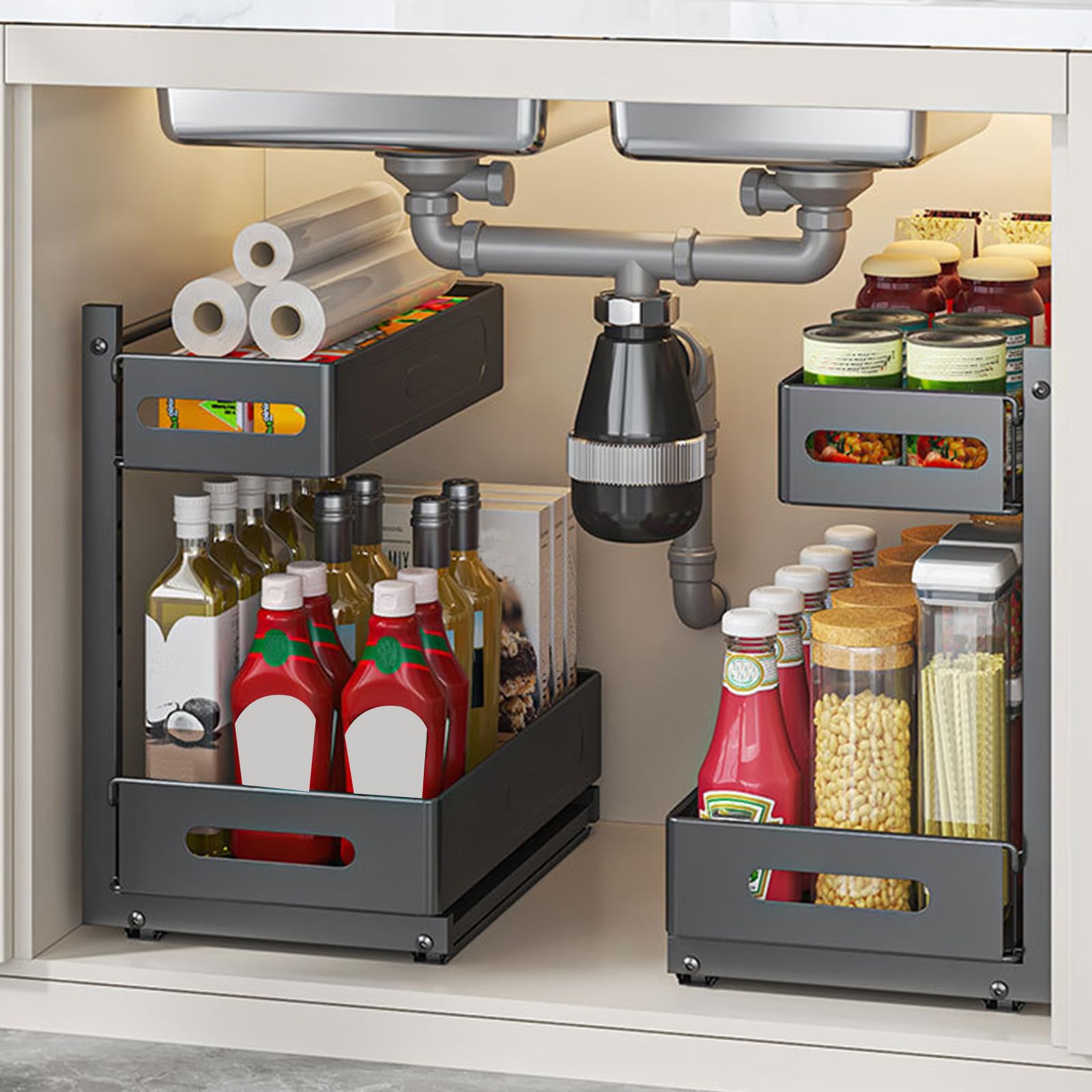 2 Etagen Spülschrank Organizer Ausziehbar aus Metall, Unterschrank Organizer küchenschrank mit 4 Haken, Küchenregal Gewürzregal für Küche & Badezimmer (Schwarz)