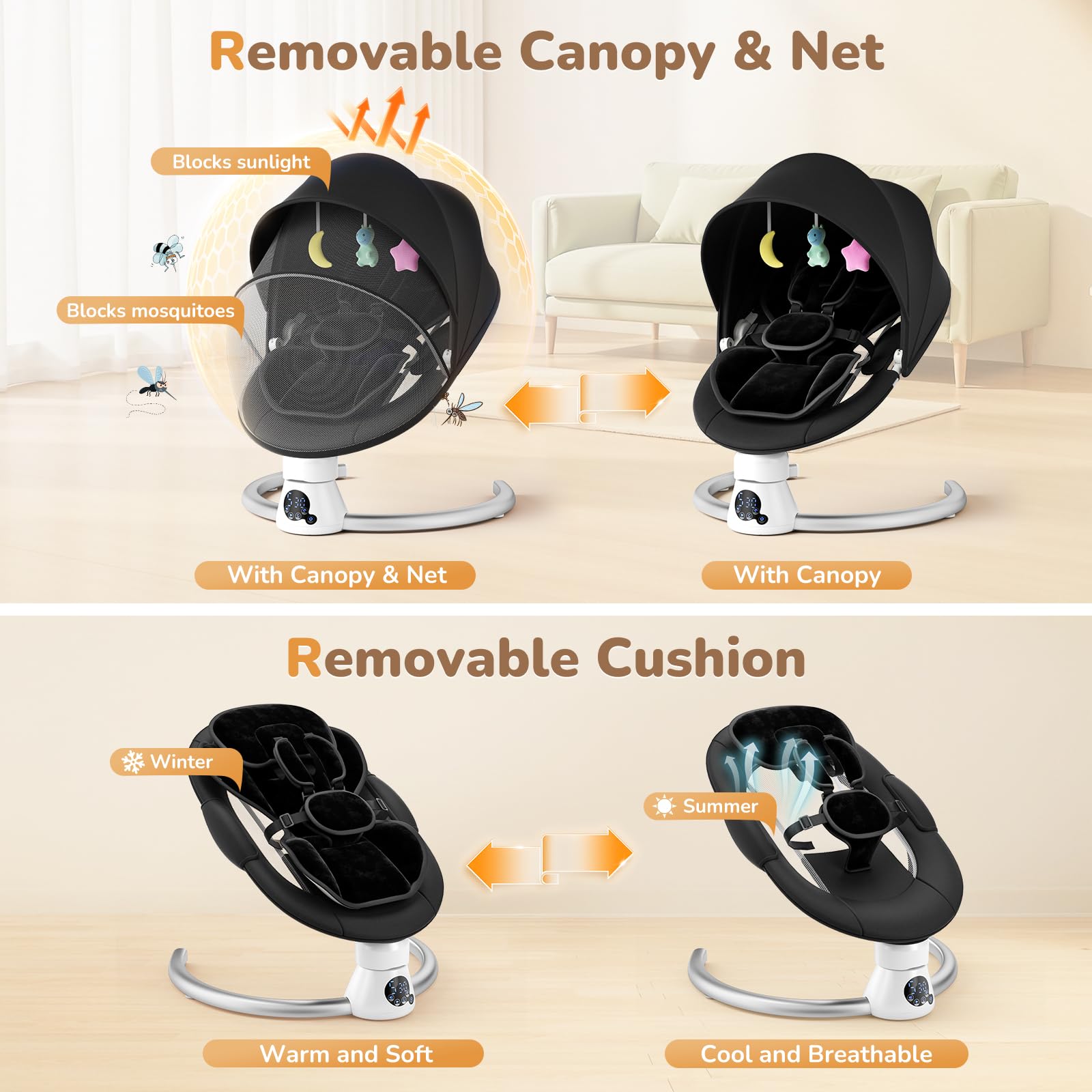 Hamaca Eléctrica para Bebé con Mando a Distancia y App,Mecedora con 5 Velocidades de Balanceo,3 Temporizadores,Arnés de 5 Puntos,2 Posiciones del Asiento,Silla Mecedora para 0-9 kg de Bebé-Negro