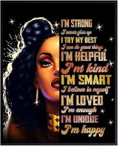 Empowered Black Women Afro American Wall Art - Citas motivacionales positivas inspiradoras - Decoración del hogar con afirmaciones positivas "I Am