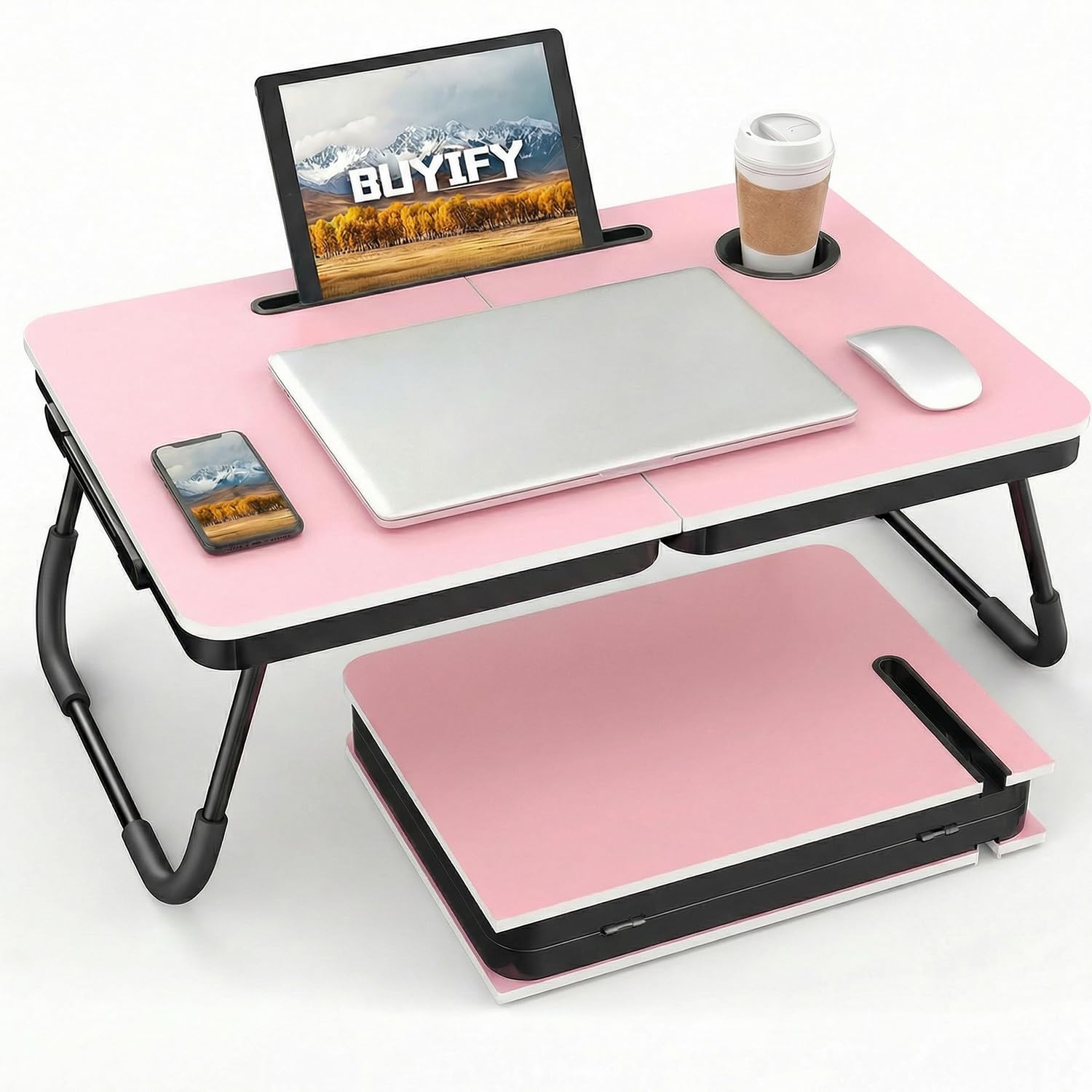 Photo 1 of ***SEE NOTES****BUYIFY Foldable Laptop Bed Desk for Couch, Sofa - Large Lap Desk Tray Table with Cup Holder and Tablet Slot - Portable Notebook Stand for Eating, Writing, Studying and WFH (Pink)