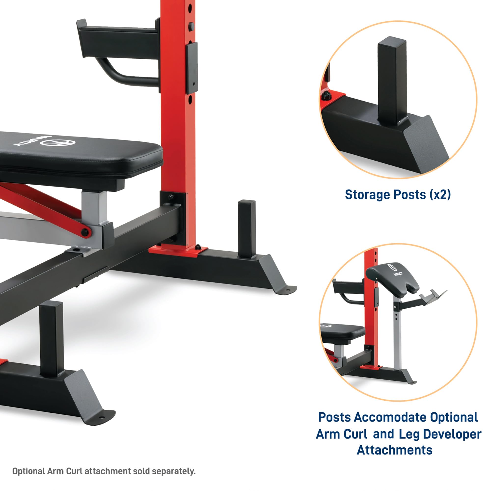 Deluxe Olympic Weight Bench with Adjustable Back & Bar Catch & Optional Arm Curl, Leg Developer, Lat Tower Attachments (Sold Separately), Personal Home Gym for Strength Training, Weightlifting