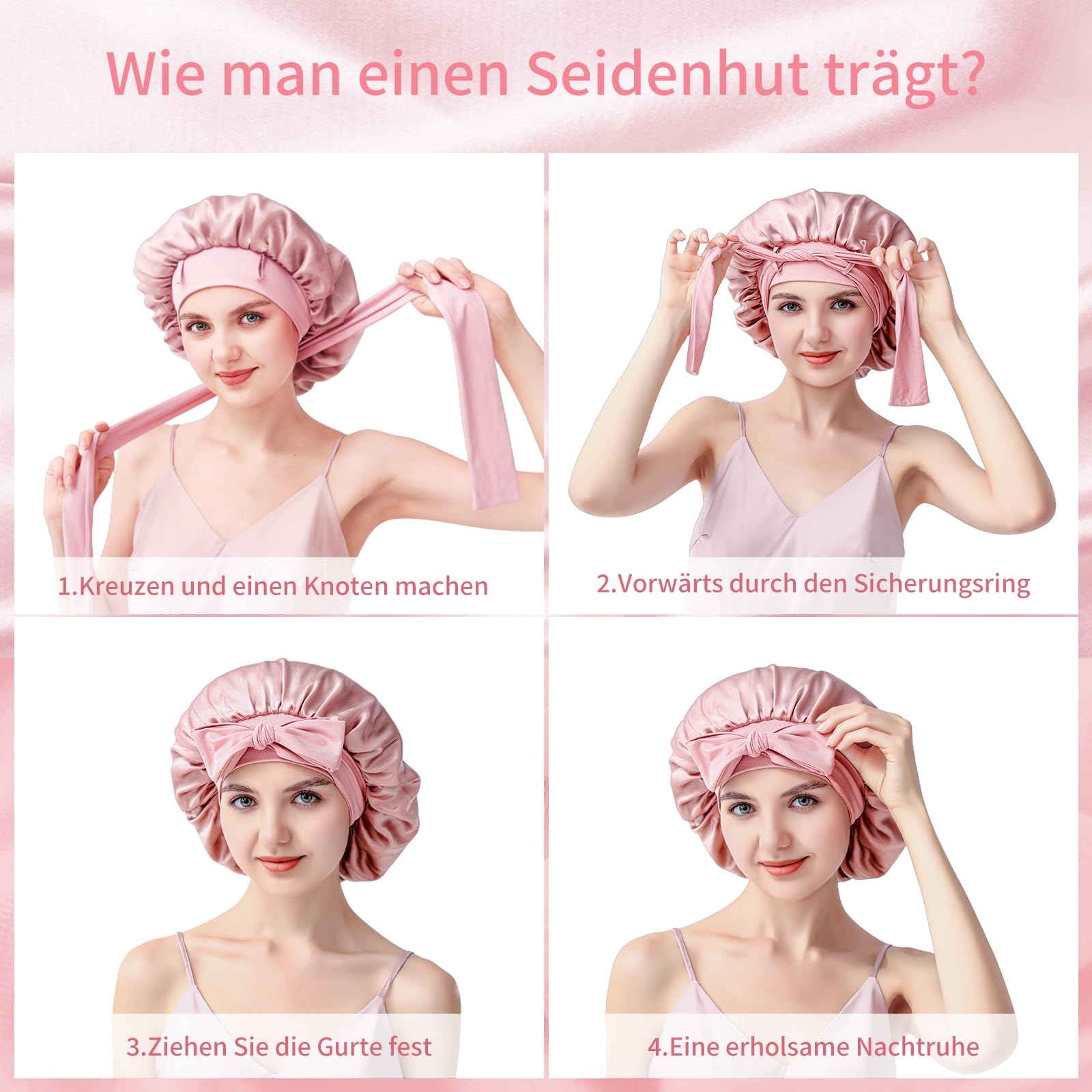 Seidenhaube zum Schlafen, Schlafhaube Seide aus 100% Maulbeerseide, 22 Momme Bonnet Seide Doppellagig & Wendbar, Anti Frizz Haarschutz für Alle Haartypen