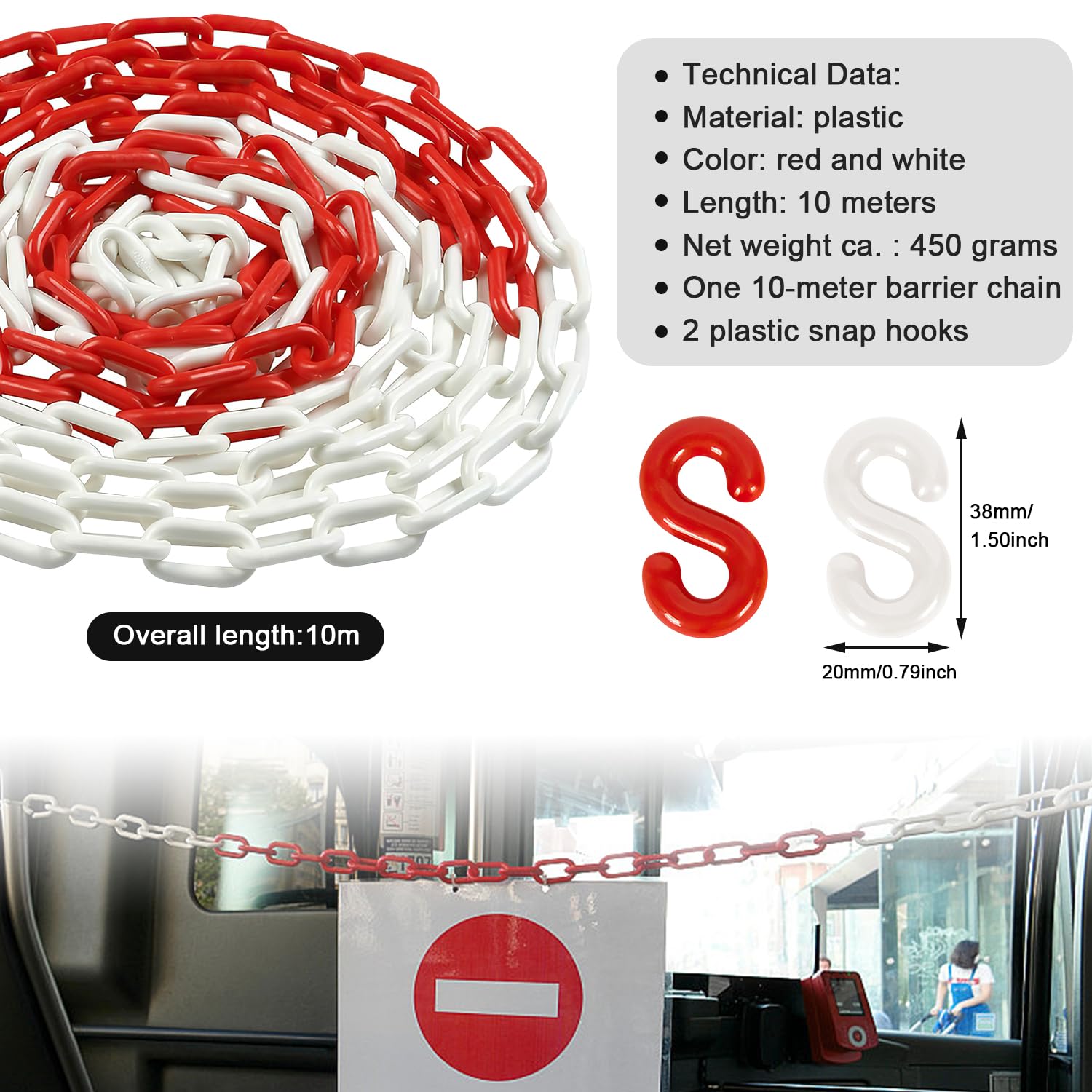 Absperrkette Kunststoffkette 10m x 6mm Rot Weiß Warnkette Plastikkette Kunststoff-Gliederkette für Warnsicherheit Parkplatz Bau Absperren Massenkontrolle Verkehr Warteschlangen