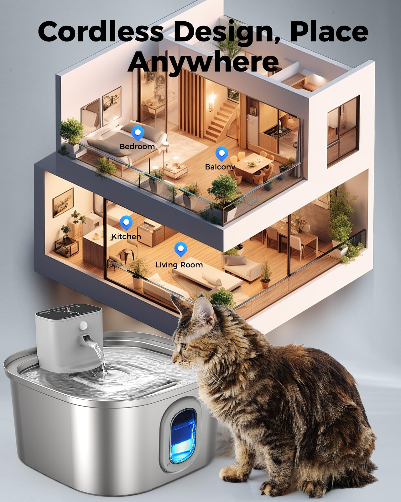 Papettly Fontanella per Gatti senza Fili - Fontana per Gatti Acciaio con Sensore di Movimento 3.2L, 4000mAh Ricaricabile Fontanella Gatto a Batteria, Dispenser Acqua Gatti Silenziosa con 2 Kit Filtri