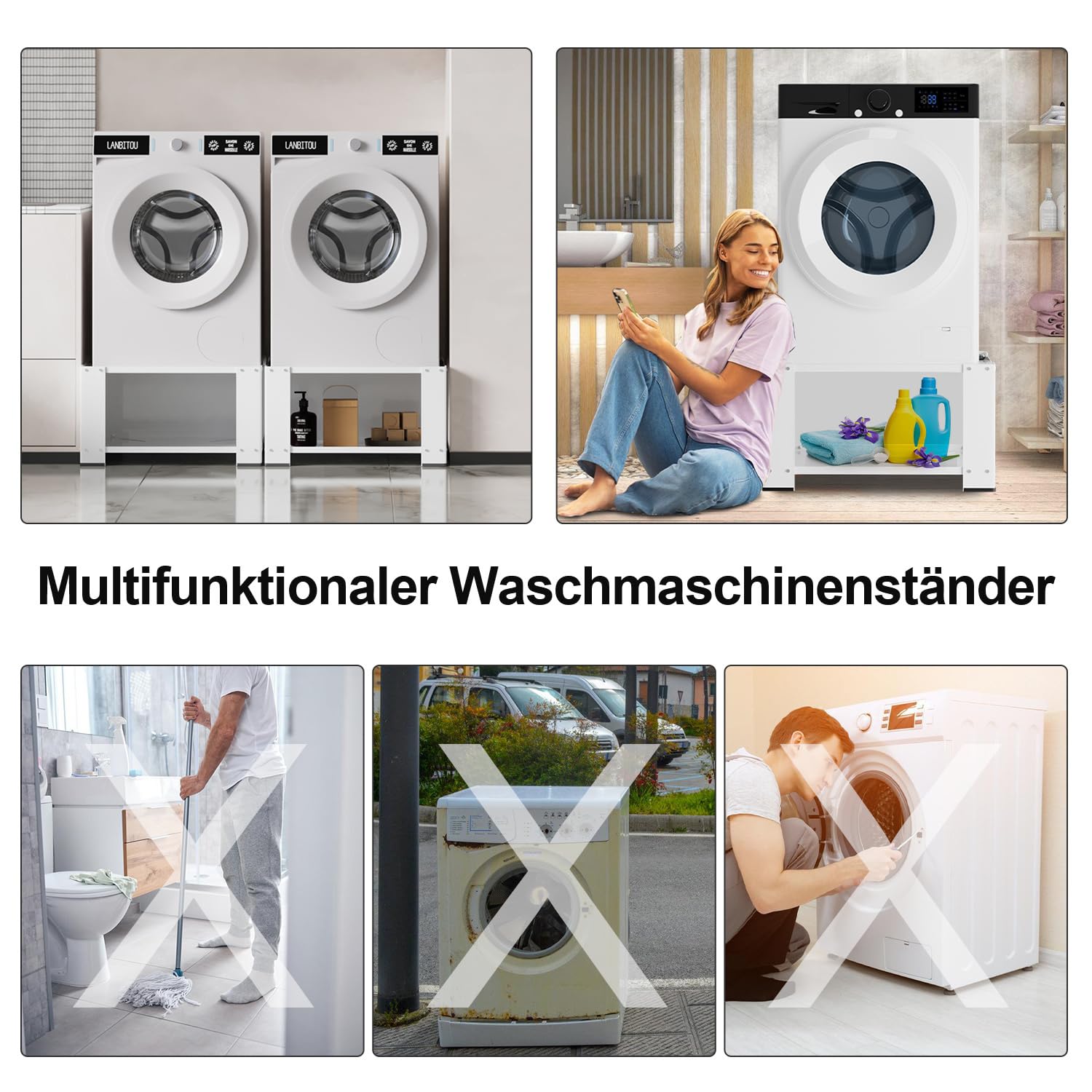 Waschmaschinensockel 60×60×40 cm, bis 150 kg tragfähig, Sockel für Waschmaschine & Wäschetrockner, mit Einlegeboden & Gummipolster, weiß