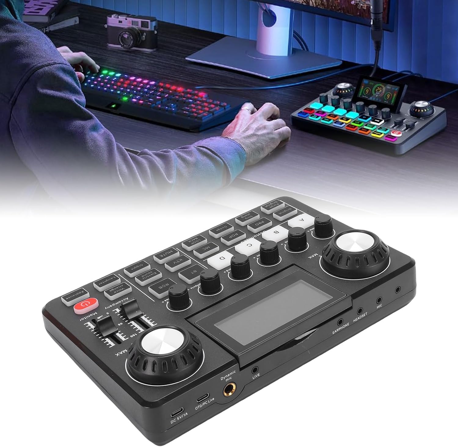 Live Sound Card, Professional Audio Mixer with LED Display & Voice Changer, Noise Reducing OTG Audio Mixer with RGB Lighting for Live Streaming Mobile Phone PC Gaming