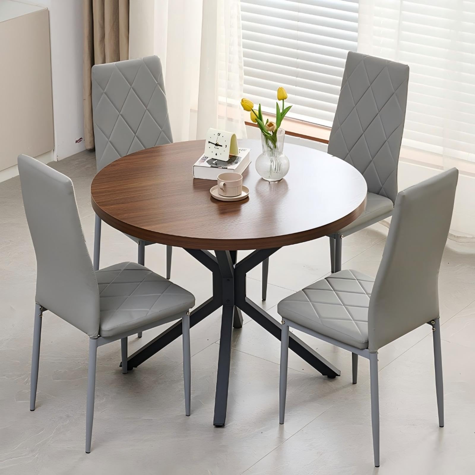 Homullel Round Dining Table and Chairs Set 4 Seater Kitchen Dining Set, 5 Pieces Table & Chairs Dinner Table Set for 4 (Walnut Brown Cross, 4 Seats, Gray Faux Leather Argyle Grid)