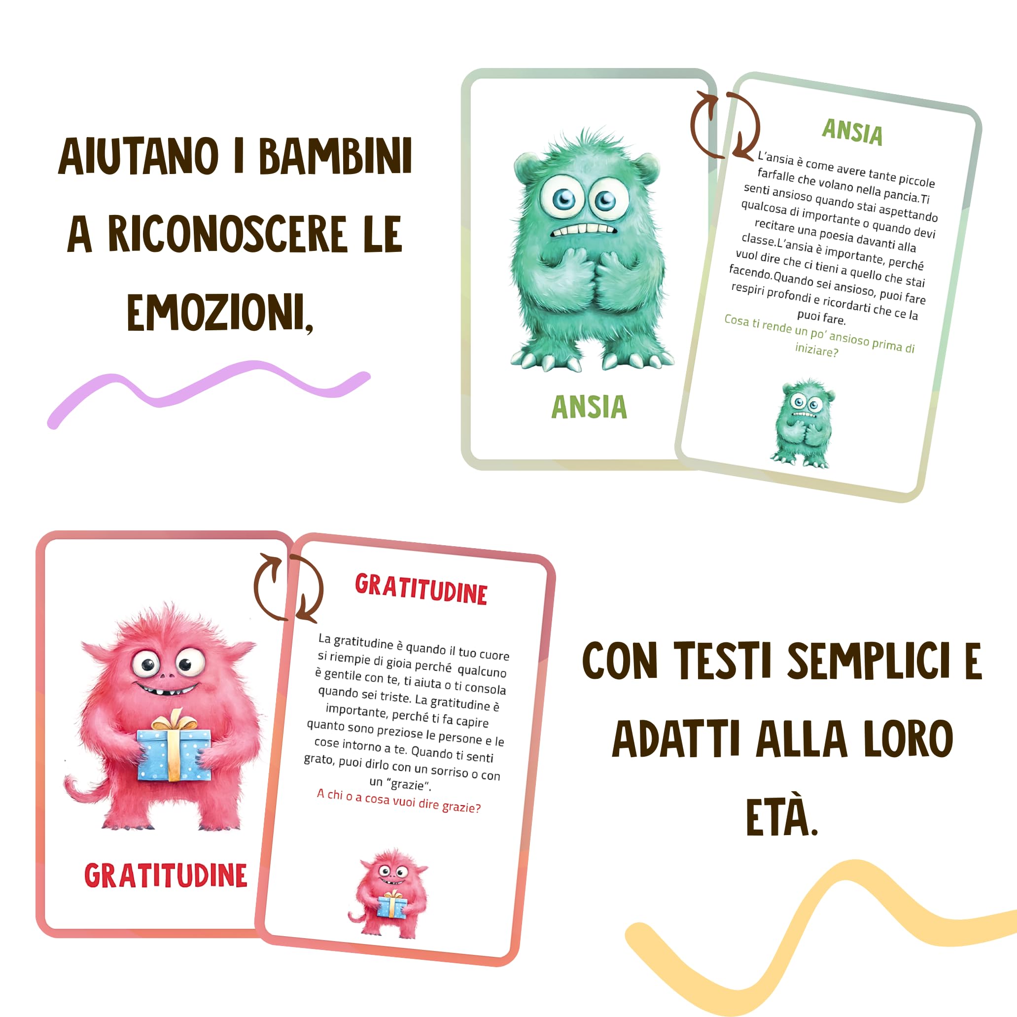 Carte delle Emozioni per Bambini – 40 Carte (32 Emozioni + 8 Extra) con Mini Giochi e Distintivi – Mostriciattoli delle Emozioni – Gioco Educativo per Intelligenza Emotiva – Lingua Italiana – Regalo