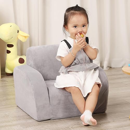 Miniatura 2 de Sofá para niños, sofá abierto 3 en 1, cómodo tumbona para niños, tela de terciopelo, gris