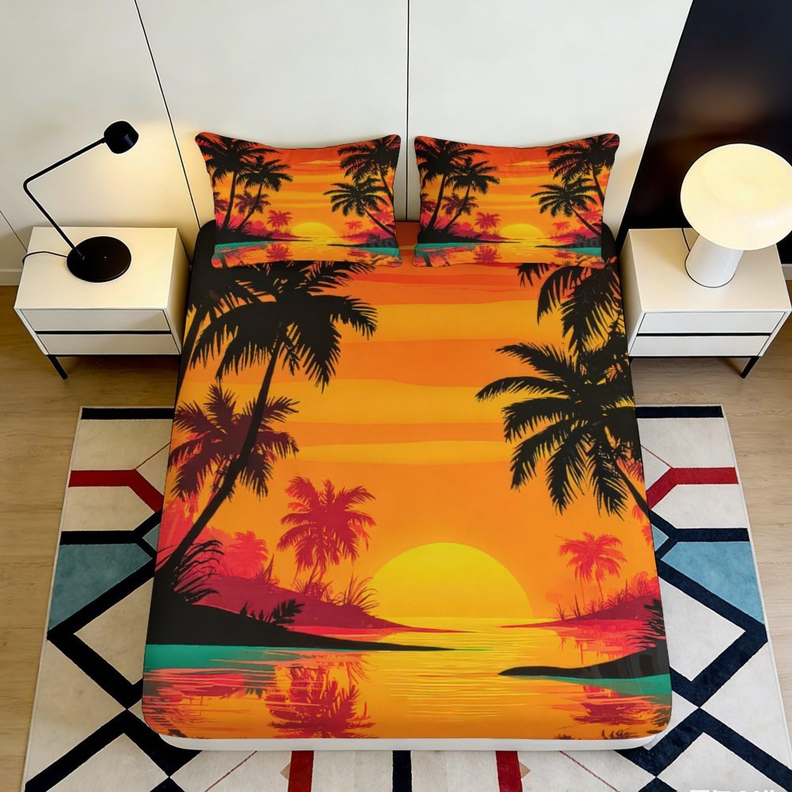 Jqzkxnhpbr Style-8 3D Printed Sunset Palm Fitted Sheet Microfiber Soft Beach Landscape Bed Cover For Bedroom Guest Room Decor 90X200x25cm