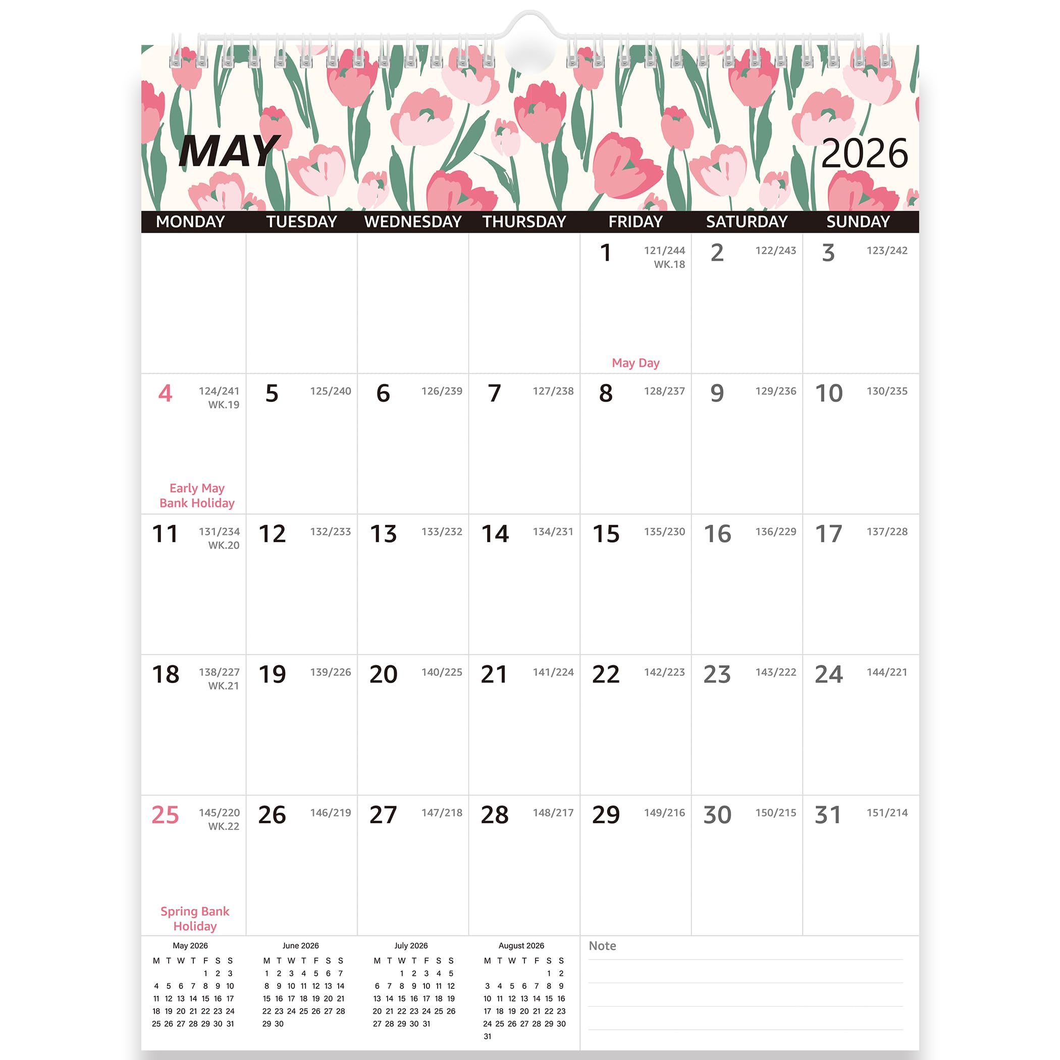 2026 Wall Calendar Month to View, 18 Months Family Organiser with UK Holidays. Large Hanging Planner, Thick Paper & Twin-Wire Binding for Home Office, 34.4x26.6cm
