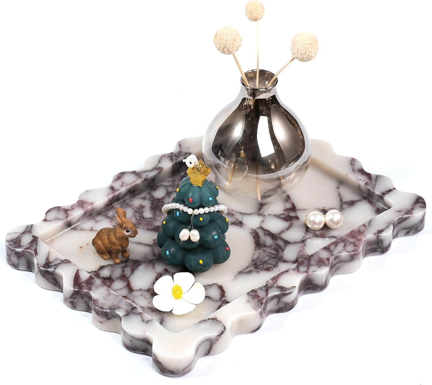 Scalloped Vanity Marble Tray - Large Home Decorative Stone Perfume Candle Plates for Bathroom Accessories Coffee Table Bar, Luxury Antique Key Dish for Kitchen Countertop (10.6" x 7.4" x 0.8") - Image 6