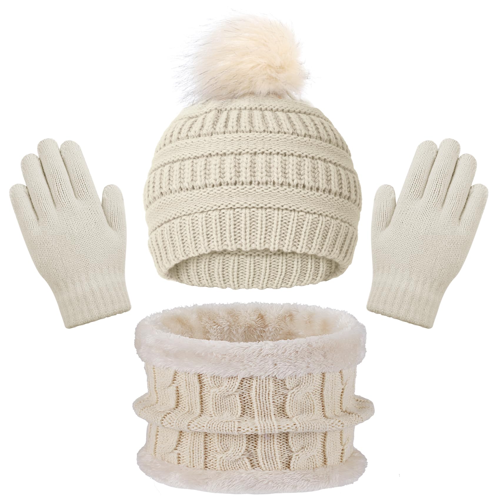 Kids Winter Beanie Hat Scarf Gloves Set for 3-8 Years Old Boys Girls, Thick Warm Knitted Hat Gloves Fleece Lined Scarf Set