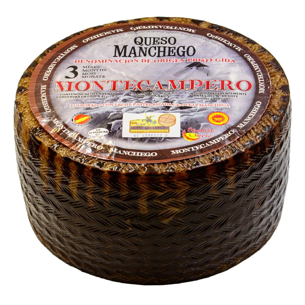 Montecampero QUESO MANCHEGO Käse - 1x 3kg ganzer Laib - spanischer Schafskäse D.O. PDO Hartkäse aus La Manch passt zu Tapas Rioja-Tempranillo-Verdejo-Rotwein & Käseplatte