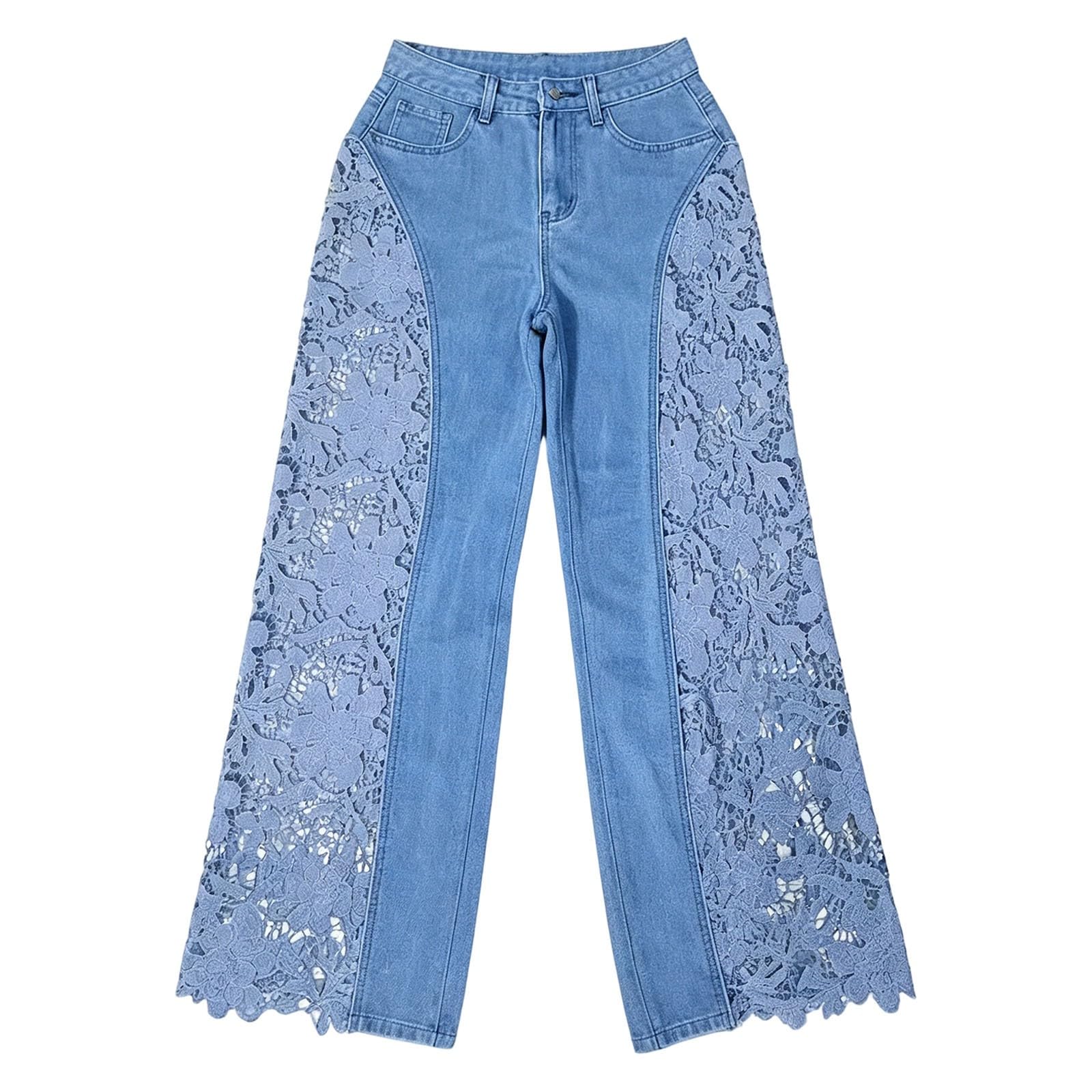 Jeans da donna in pizzo, jeans a gamba larga da donna UK patchwork denim