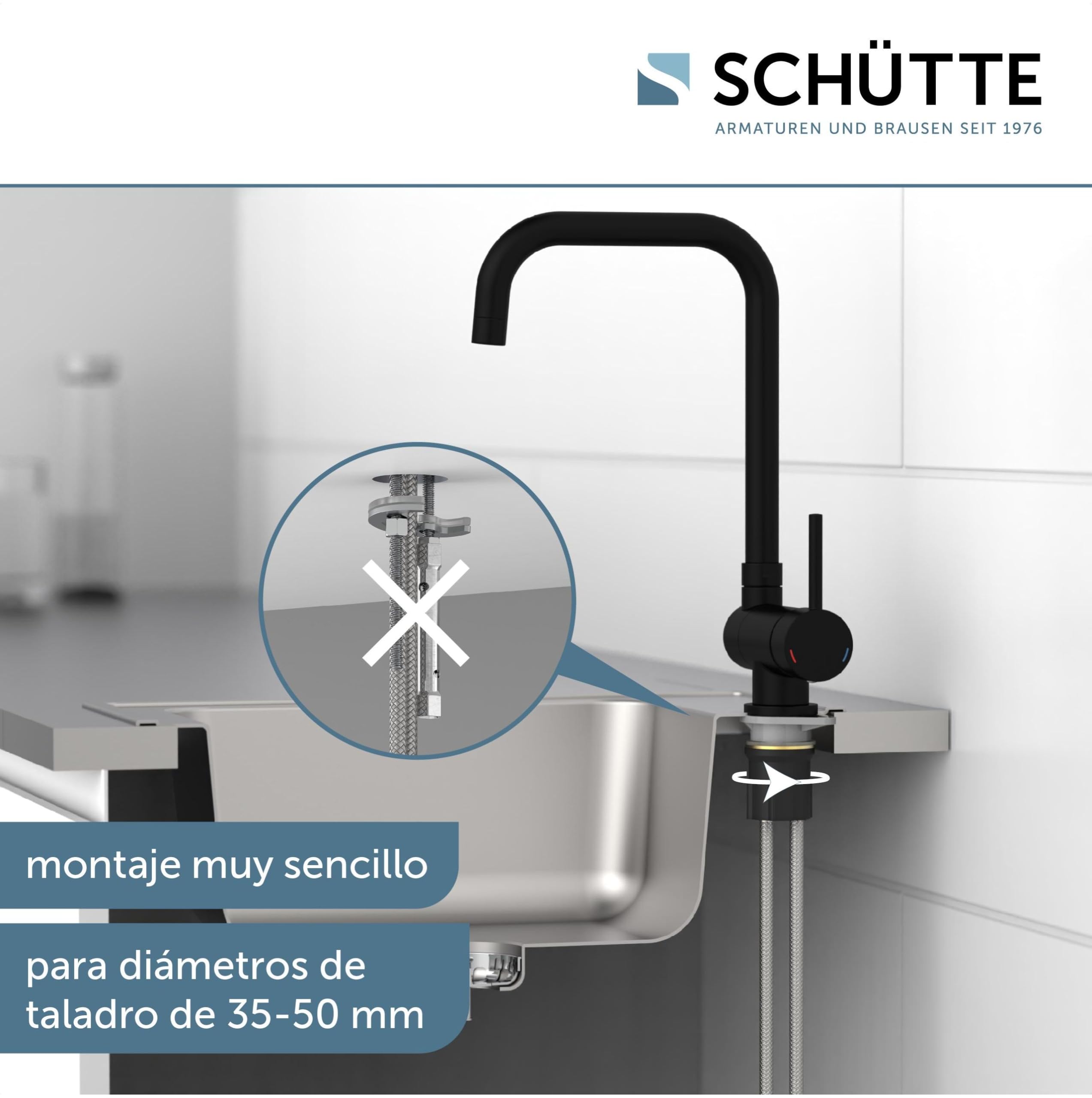 SCHÜTTE 24556 WINDOW - Grifo de cocina para ventana inferior, grifo de fregadero (flexible, plegable, giratorio 360°, monomando, color negro)