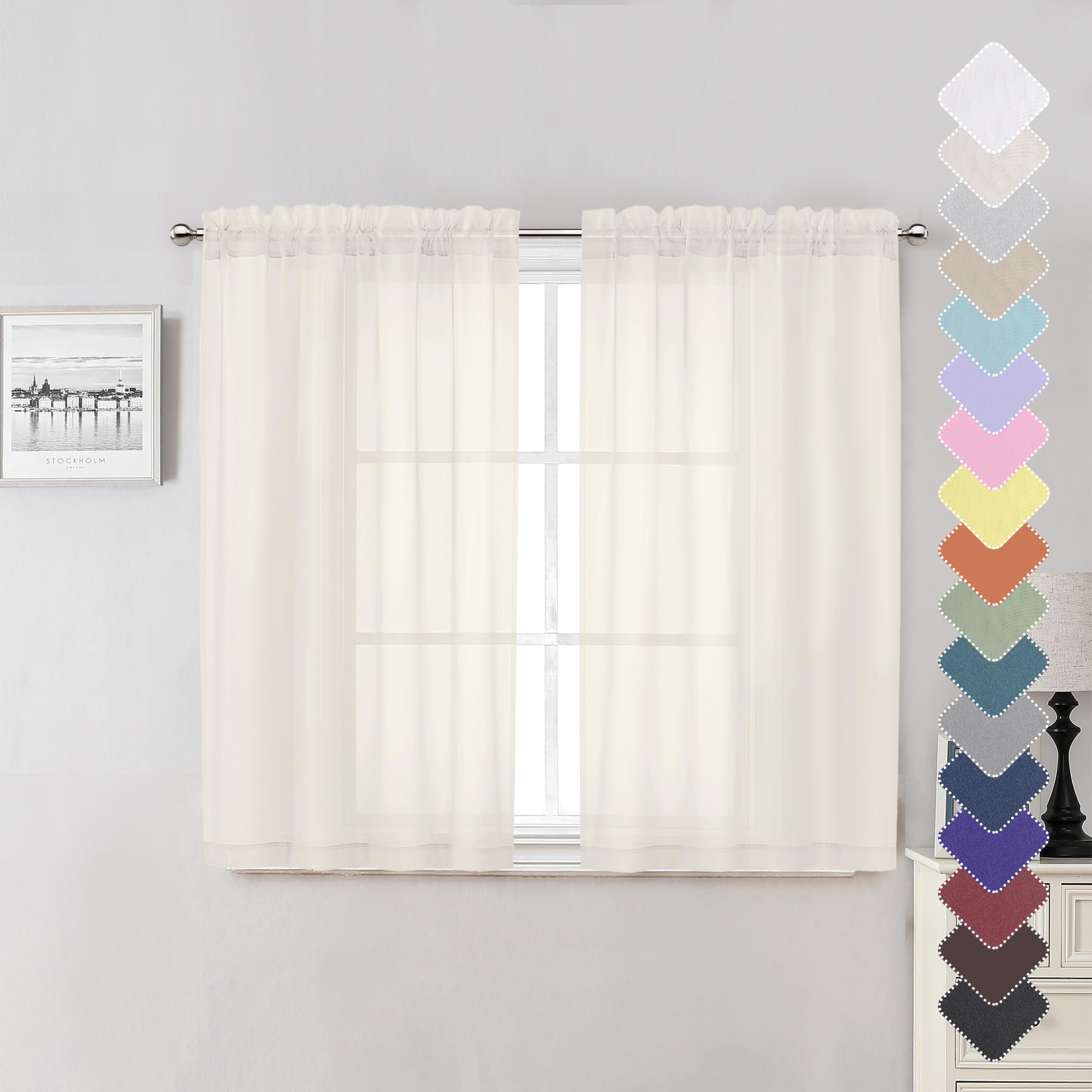 Photo 1 of Lecloud Ivory Sheer Curtains 45 Inch Length 2 Panels, Short Voile Drapes for Kitchen Dinning Small Windows, Light Filtering Sheer Curtains for Living Room Bedroom Bathroom, Rod Pocket, 40" W x 45" L
