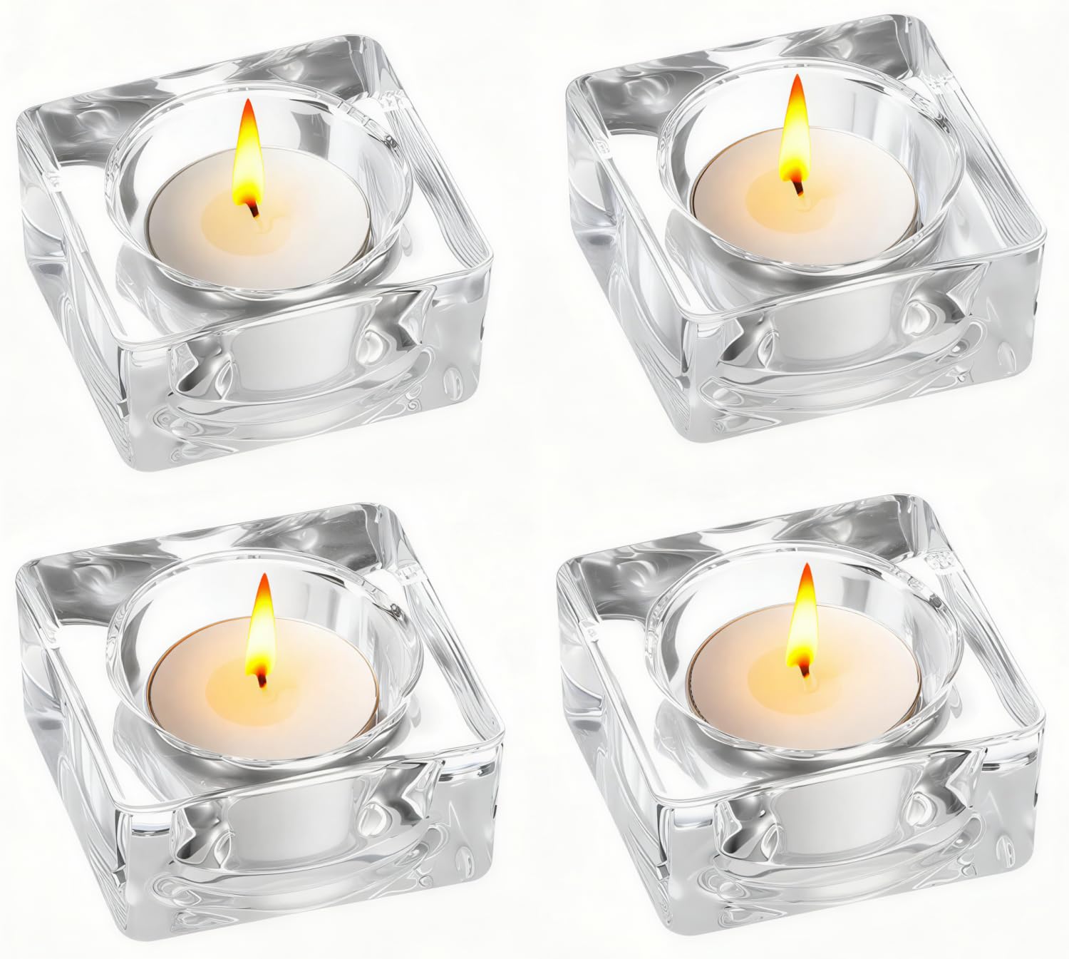 4 Pcs Clear Glass Tealight Candle Holders, Assorted Shapes, Fits Tea Lights With Diameter Up to 4cm, Perfect for Home Decor, Wedding, Party & Table Centerpieces (Square Shape)