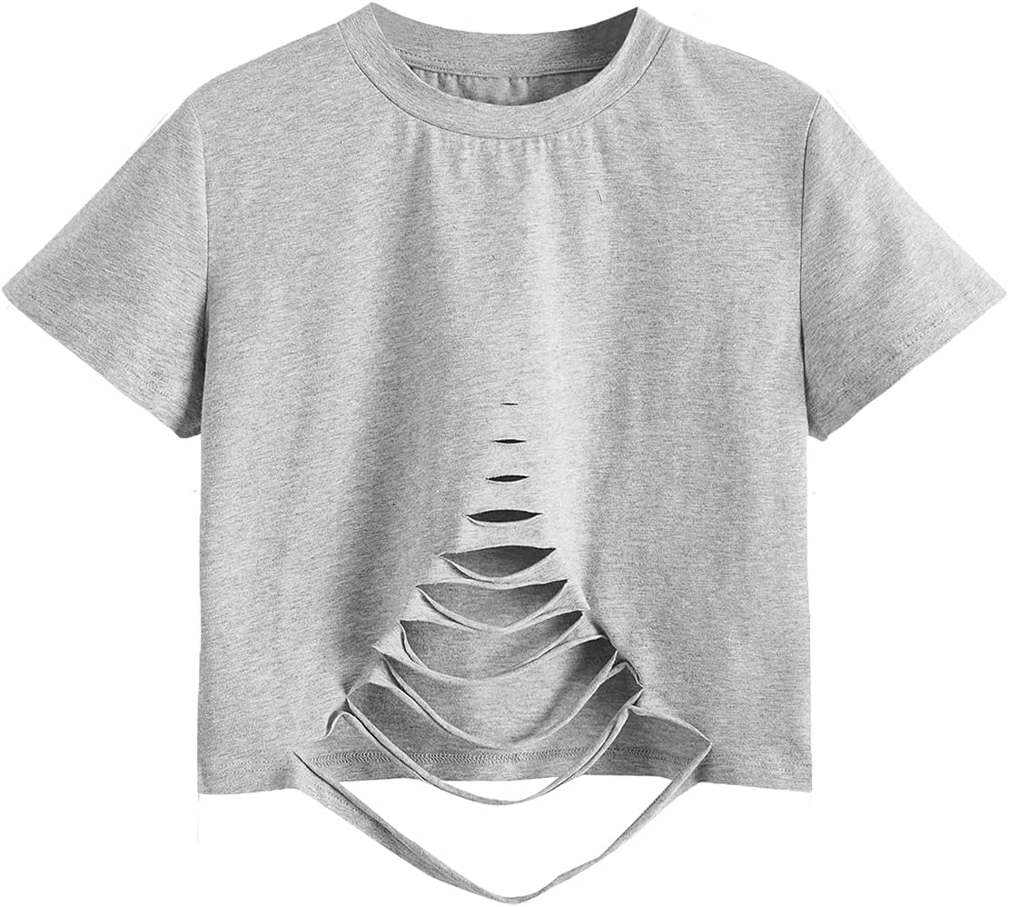 SweatyRocks Women's Short Sleeve Cutout Tee Shirt Distressed Crop Top