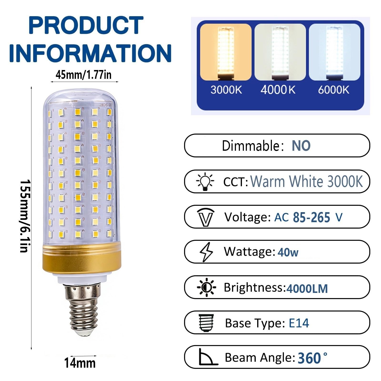 Bombillas LED E14 40W Sustituye 400W No Regulable Con Casquillo Edison Sin Parpadeos Ahorro Energético Para Lámparas de Araña Apliques de Pared Lámparas de Techo(Warm White 3000K)