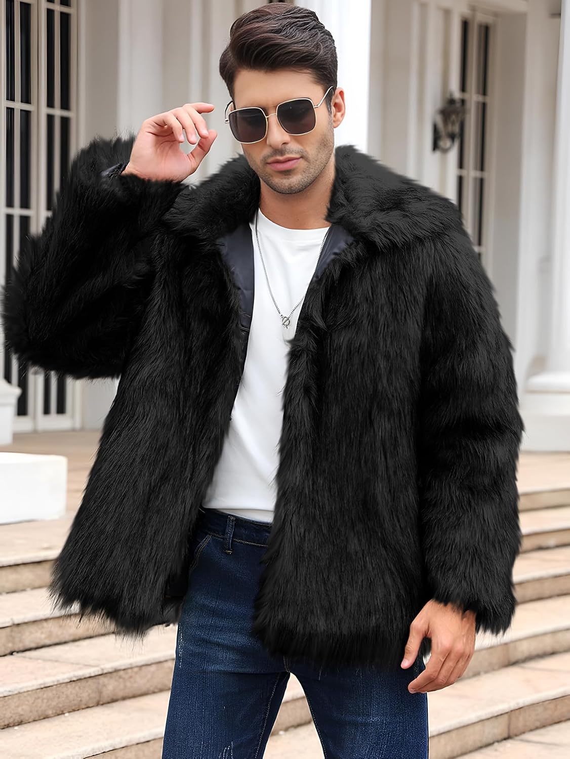 Ogfao Mens Faux Fur Jacket Luxury Fluffy Furry Coats Winter Lapel Collar Outerwear Warm Cardigans with Pockets