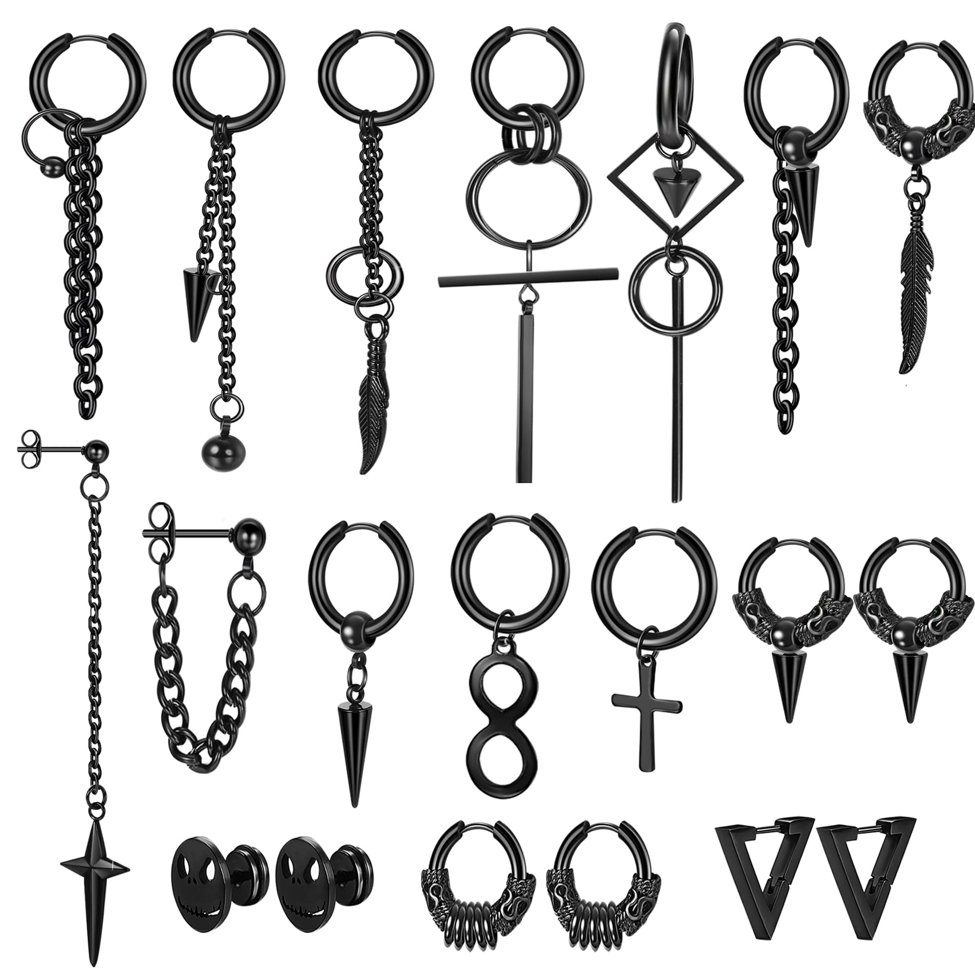 Dochais 20 Pcs Pendientes Hombre Aro Pendiente Aretes Acero Inoxidable 316L Brincos Homem Pendientes Cruz Hombre Redondos Punk Colgantes Conjunto Pendientes para Hombres y Mujeres
