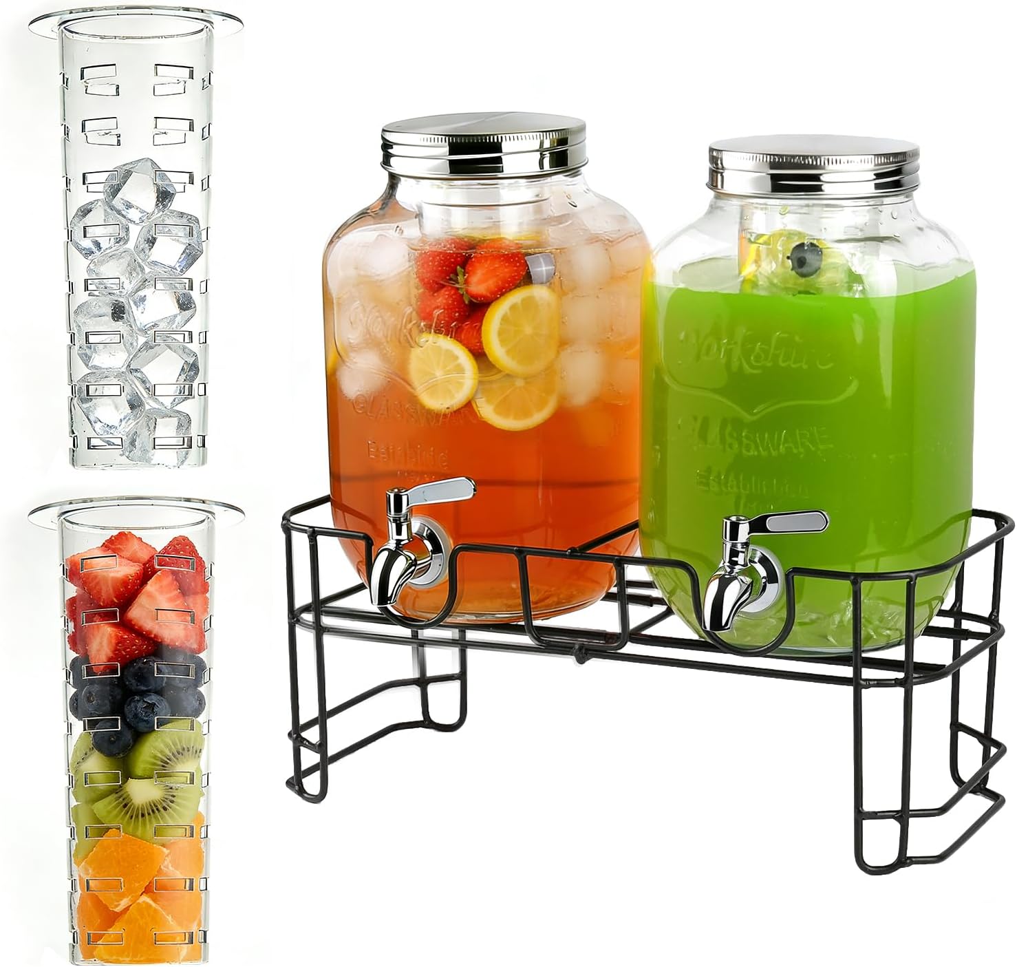 1 Gallon Drink Dispenser 2 Pack with Stand - Glass Beverage Dispenser for Parties, Juice, Water - Includes Spigot and Filter Separation and Chalkboard Labels