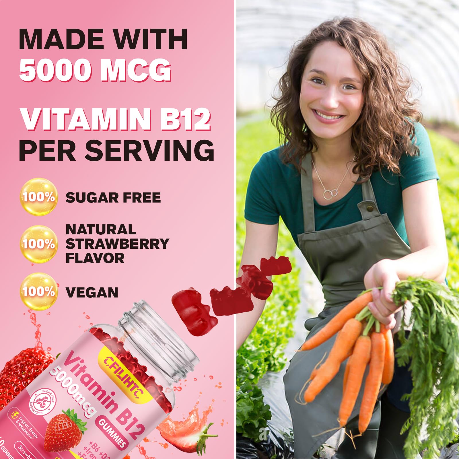Vitamin B12 Gummies for Women & Men, 5000mcg Methyl B12 Gummies with Vitamin B6, D3, Iron, Folate for Adults, Supports Energy & Metabolism Boost, Mood, Immune & Nervous System, Sugar Free Strawberry — Amazon image 4