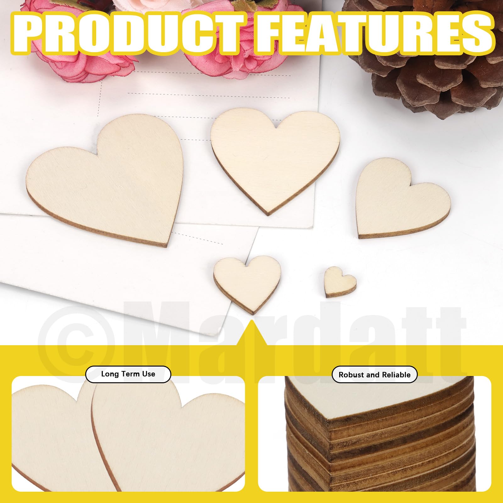 Mardatt 300Pcs 5 Sizes Unfinished Wooden Hearts for Crafts Wood Heart Cutouts Wood Heart Slices - Image 3
